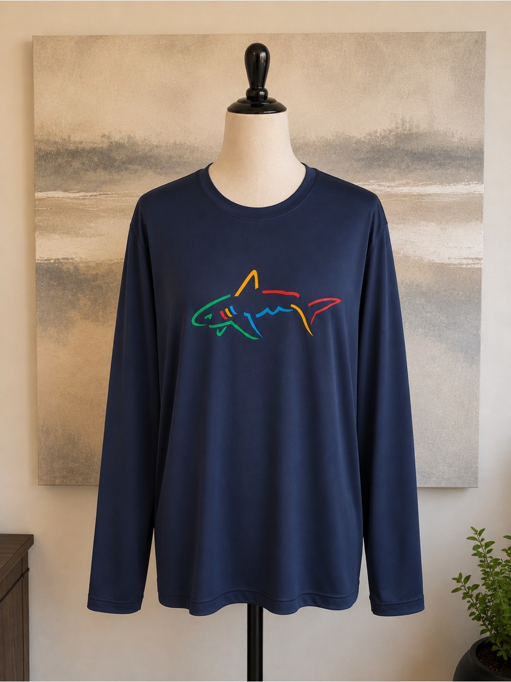 Greg Norman Play Dry Shark Logo Performance Long Sleeve Shirt XXL Navy UPF